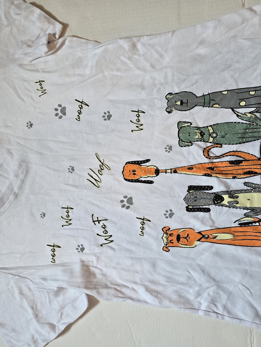 Dog Graphic Tee - White with Orange & Green Dog Prints